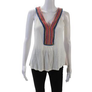 Akemi Kin Womens Sleeveless V Neck Embroidered Knit Top White Multi Size Medium